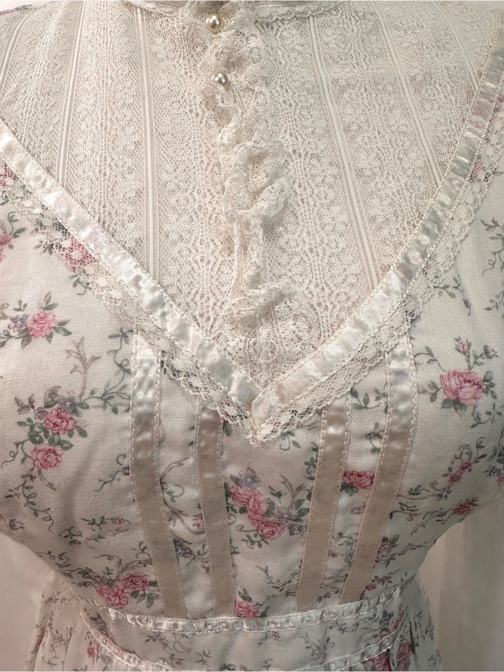 VTG Gunne Sax Cottagecore Floral Romantic Lace Trim Prairie Sheer Sleeves Dress - Picture 11 of 16